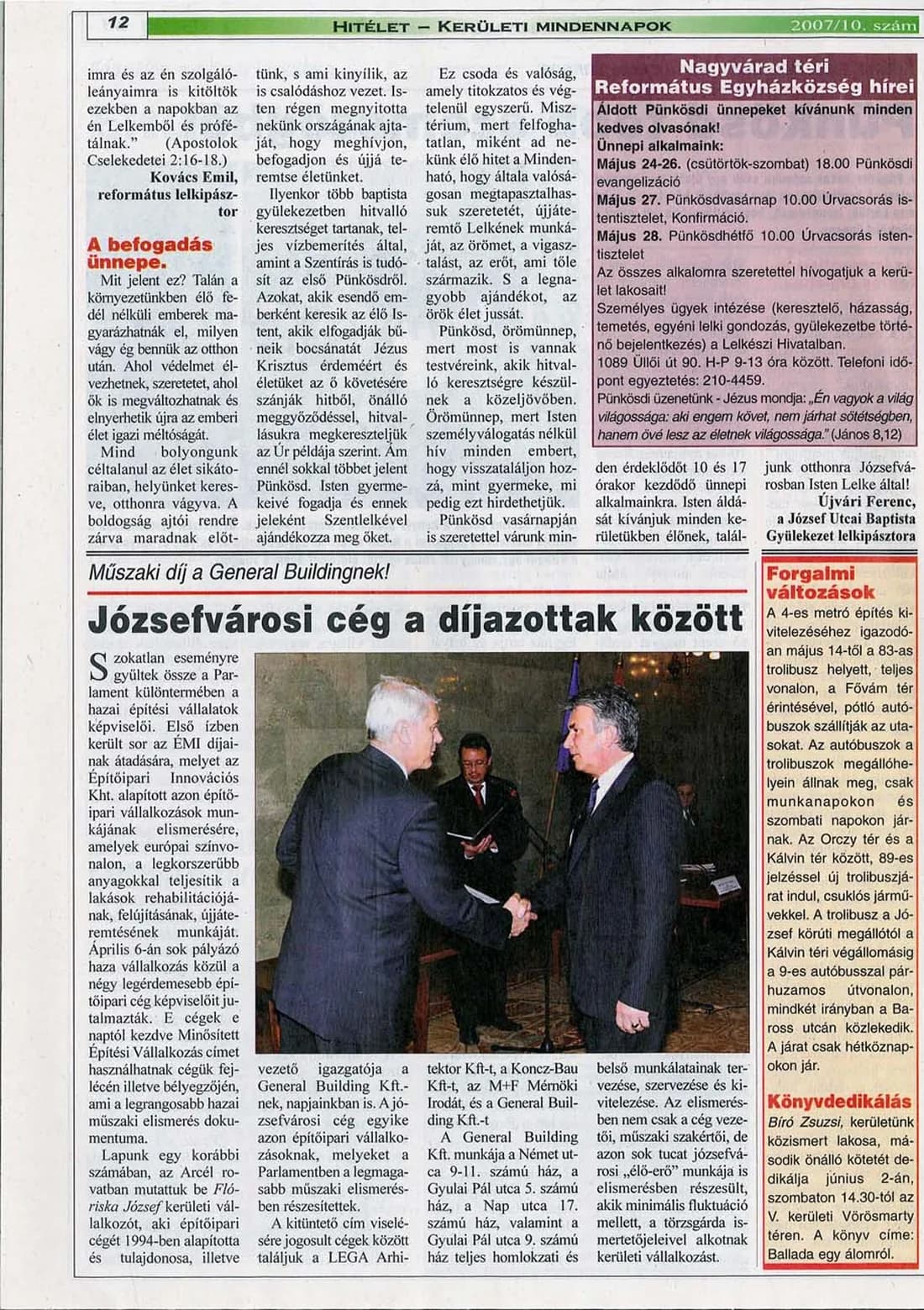 A Józsefváros Önkormányzati lap 2007/10. száma, „Józsefvárosi cég a díjazottak között” című cikk az ÉMI díjátadóról